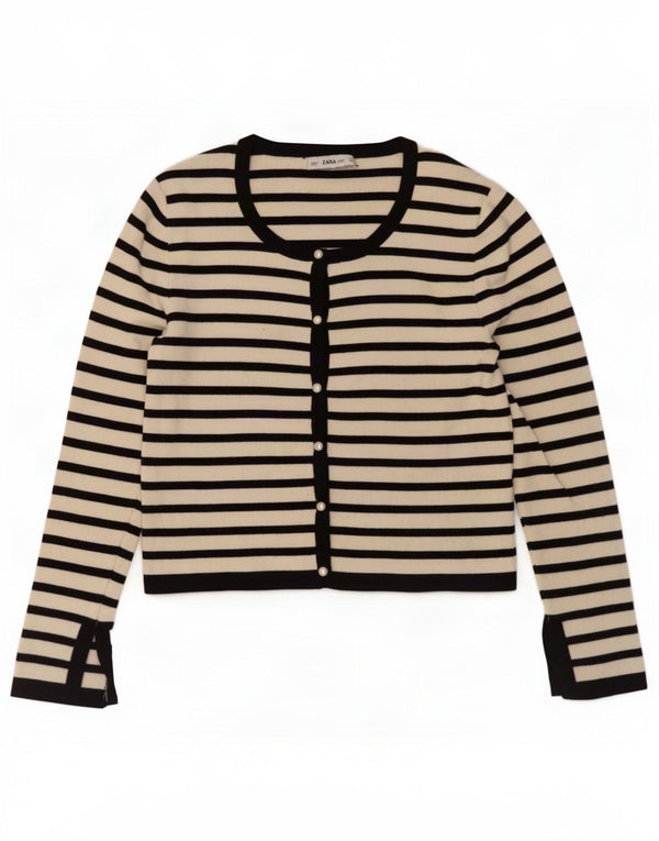 Zara Womens Crop Cardigan Sweater UK 14 Large White Striped Viscose