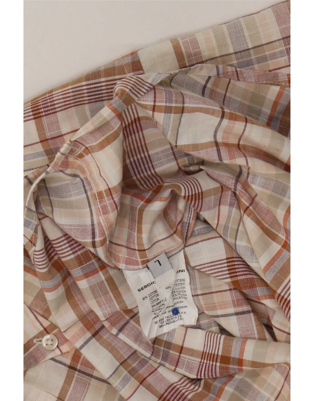 Sergio Tacchini Mens Short Sleeve Shirt Large Beige Check Cotton
