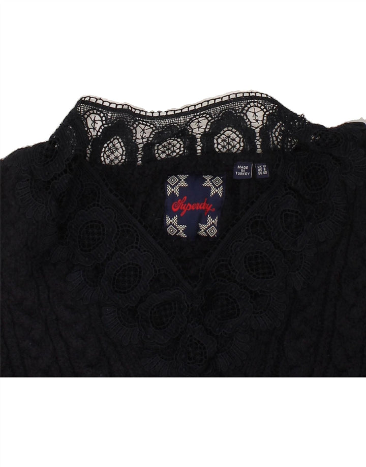 SUPERDRY Womens V-Neck Jumper Sweater UK 12 Medium Navy Blue Acrylic Vintage Superdry and Second-Hand Superdry from Messina Hembry 