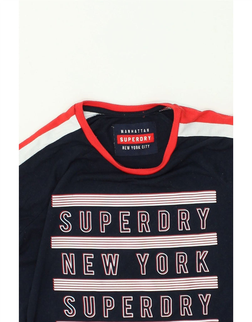 SUPERDRY Womens Graphic Top Long Sleeve UK 12 Medium Navy Blue Colourblock | Vintage Superdry | Thrift | Second-Hand Superdry | Used Clothing | Messina Hembry 