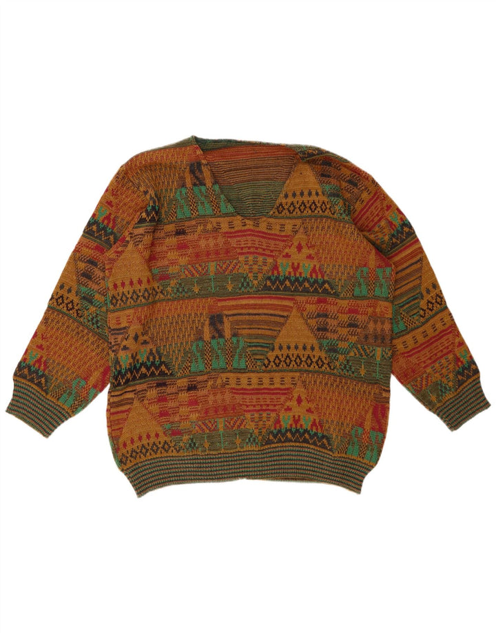 VINTAGE Mens V-Neck Jumper Sweater Medium Multicoloured Geometric Wool