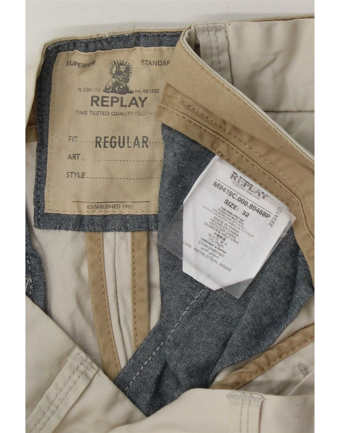 Replay Mens Regular Fit Chino Trousers W32 L34 Beige Classic