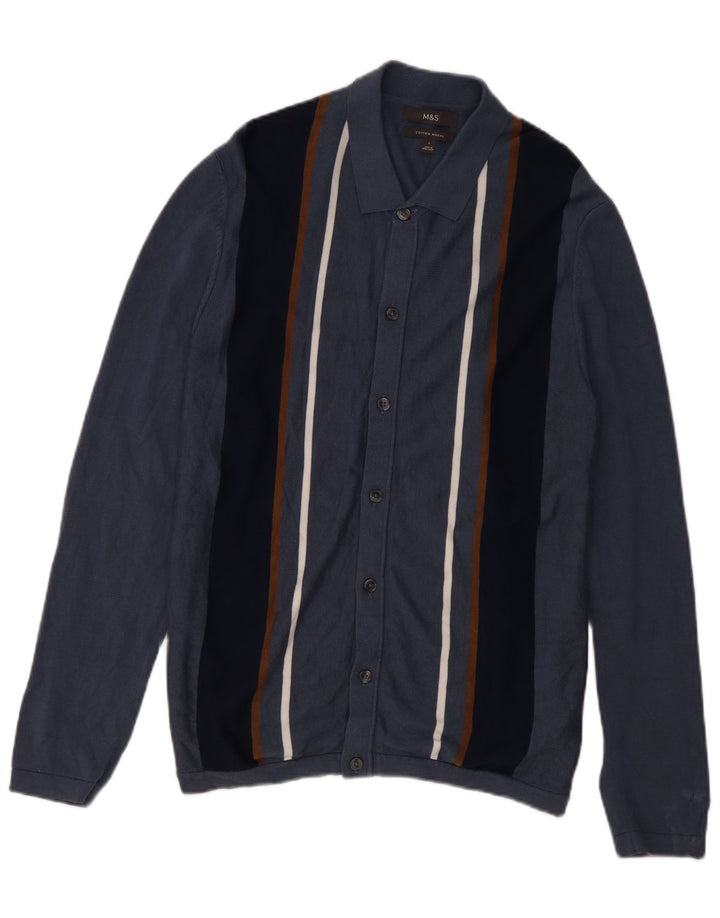 Marks & Spencer Mens Cardigan Sweater Large Blue Striped Cotton
