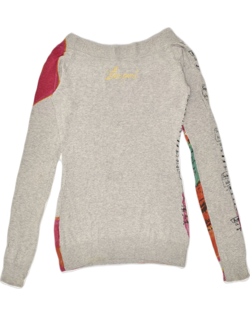 DESIGUAL Womens Graphic Boat Neck Jumper Sweater UK 8 Small Grey Spotted | Vintage Desigual | Thrift | Second-Hand Desigual | Used Clothing | Messina Hembry 