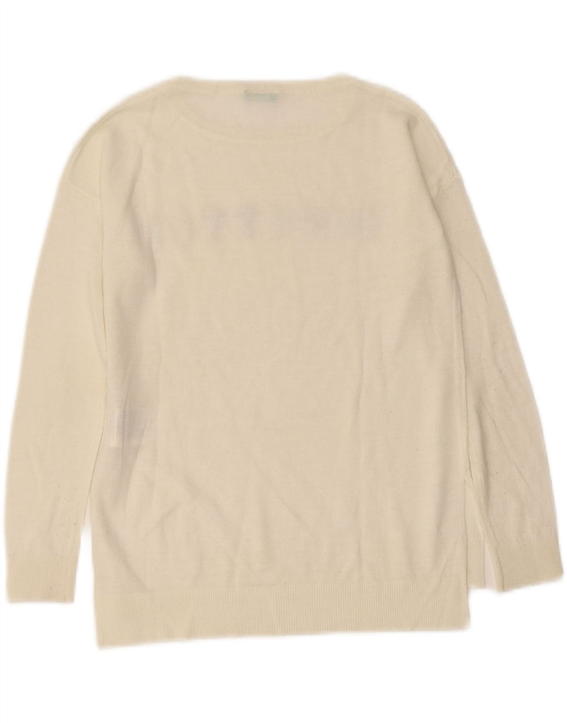 BENETTON Girls Graphic Boat Neck Jumper Sweater 8-9 Years Large Off White Vintage Benetton and Second-Hand Benetton from Messina Hembry 