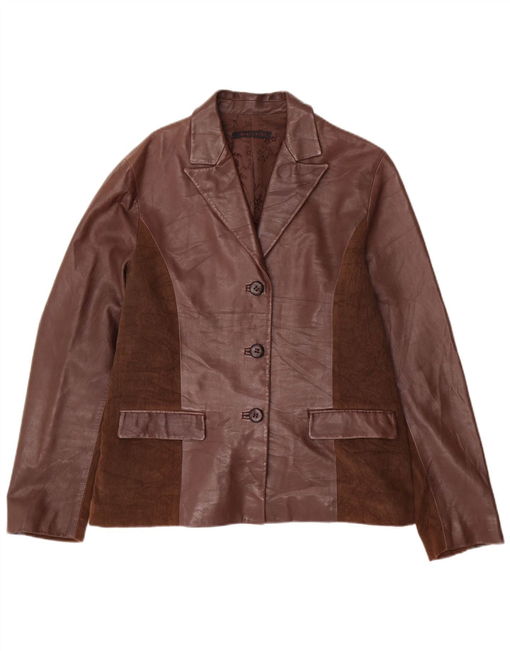 Evolution Womens 3 Button Leather Blazer Jacket IT 48 XL Brown Colourblock