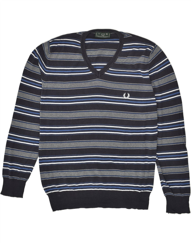 FRED PERRY Mens V-Neck Jumper Sweater XL Navy Blue Striped Cotton | Vintage Fred Perry | Thrift | Second-Hand Fred Perry | Used Clothing | Messina Hembry 