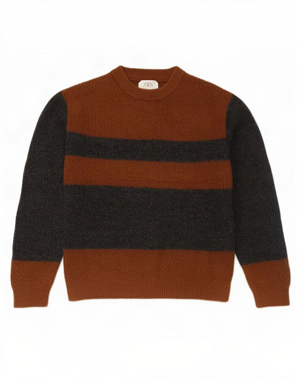 Zara Boys Crew Neck Jumper Sweater 13-14 Years Brown Colourblock Acrylic