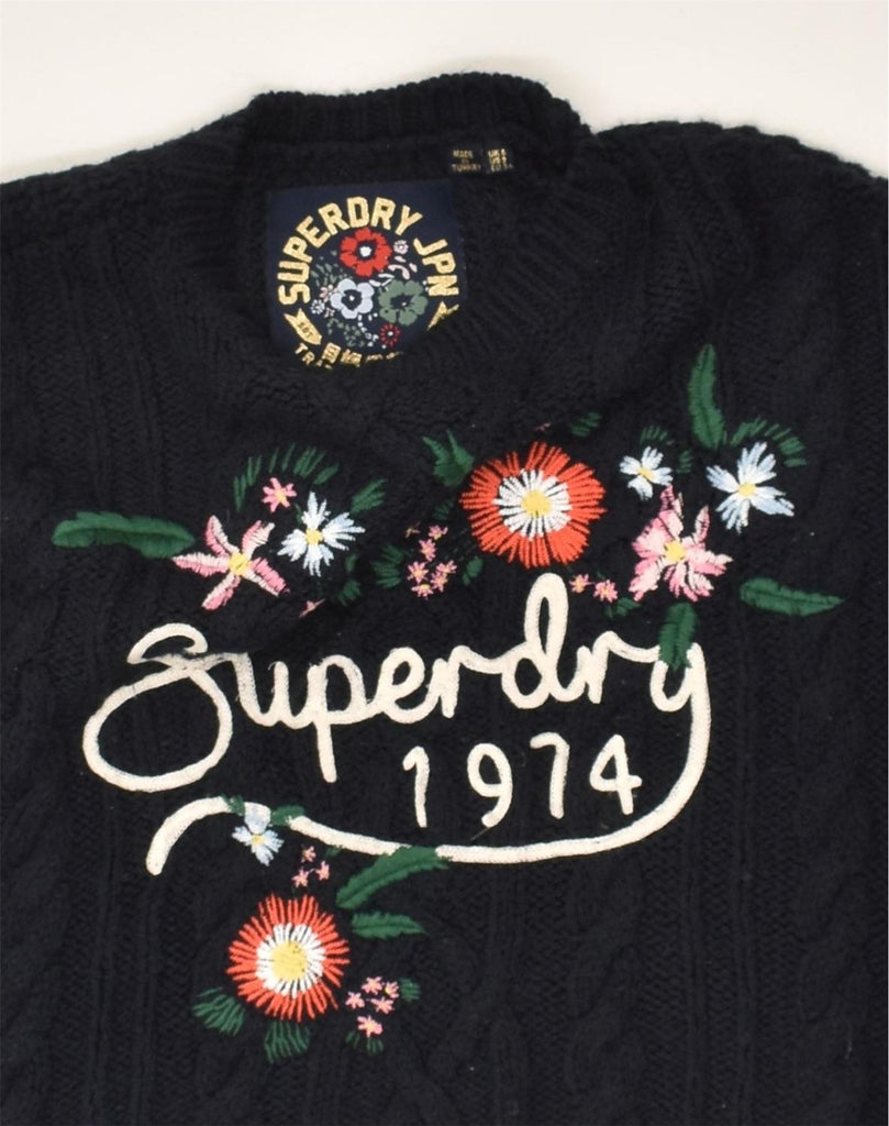 SUPERDRY Womens Graphic Crew Neck Jumper Sweater UK 6 XS Navy Blue Acrylic | Vintage Superdry | Thrift | Second-Hand Superdry | Used Clothing | Messina Hembry 