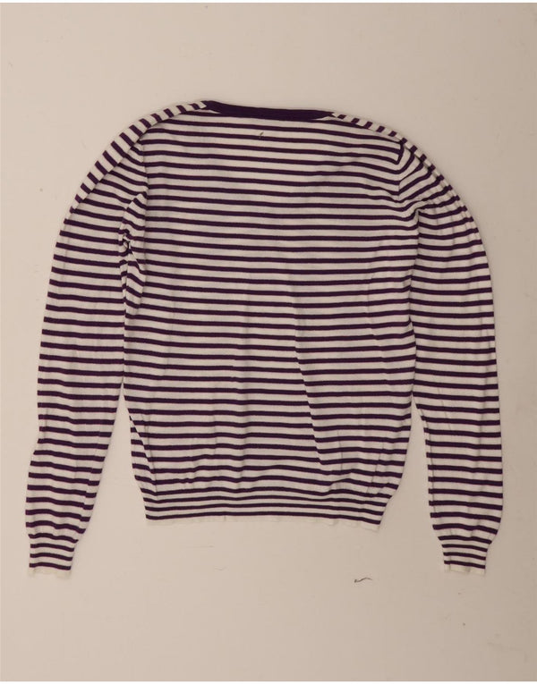 Fred Perry Womens V-Neck Jumper Sweater UK 16 Large Purple Striped Viscose