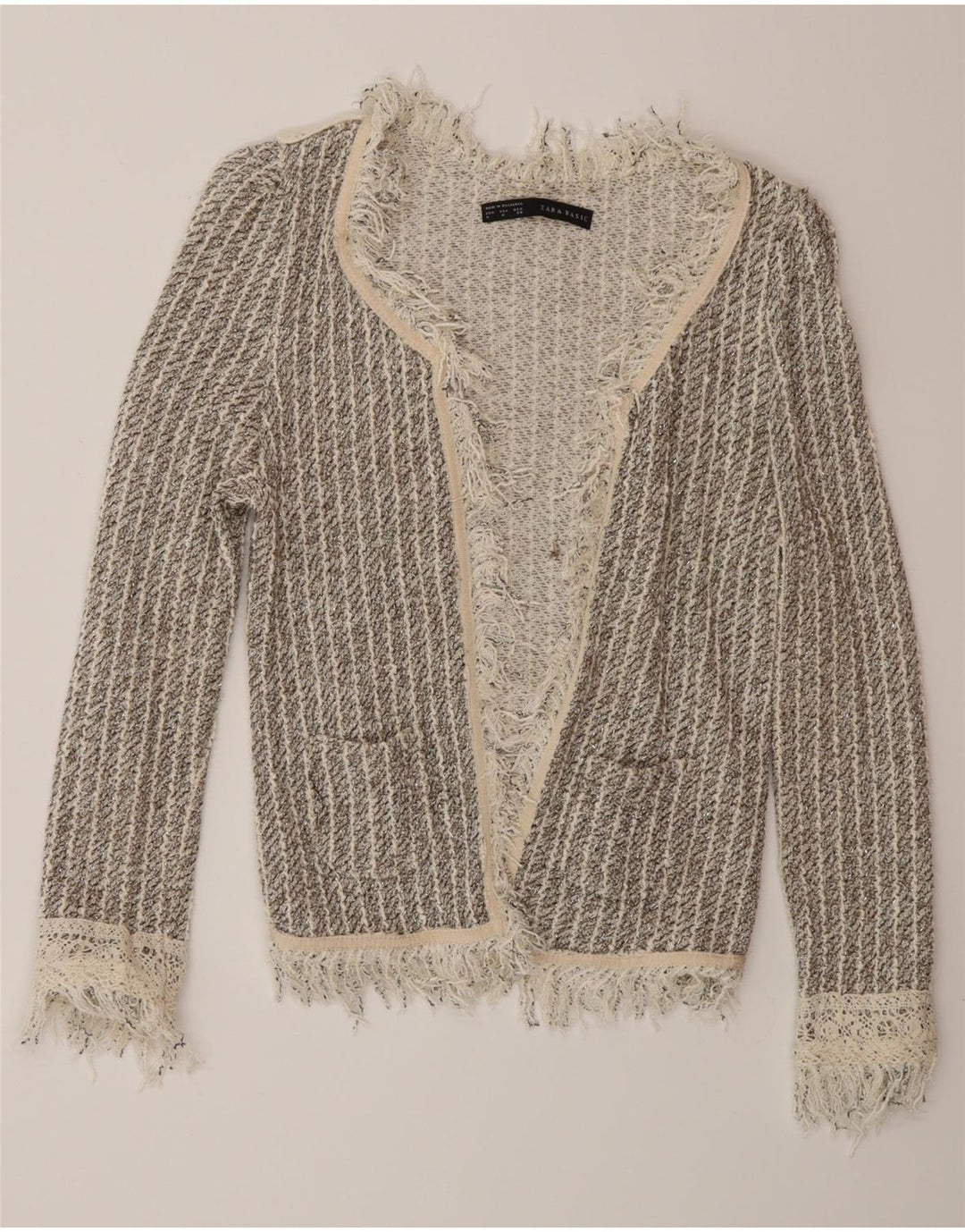 Zara Womens Open Cardigan Sweater UK 12 Medium Grey Striped