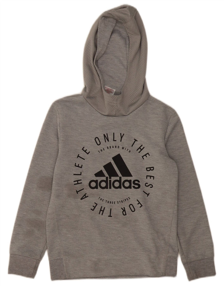 ADIDAS Boys Graphic Hoodie Jumper 9-10 Years Grey Flecked Polyester
