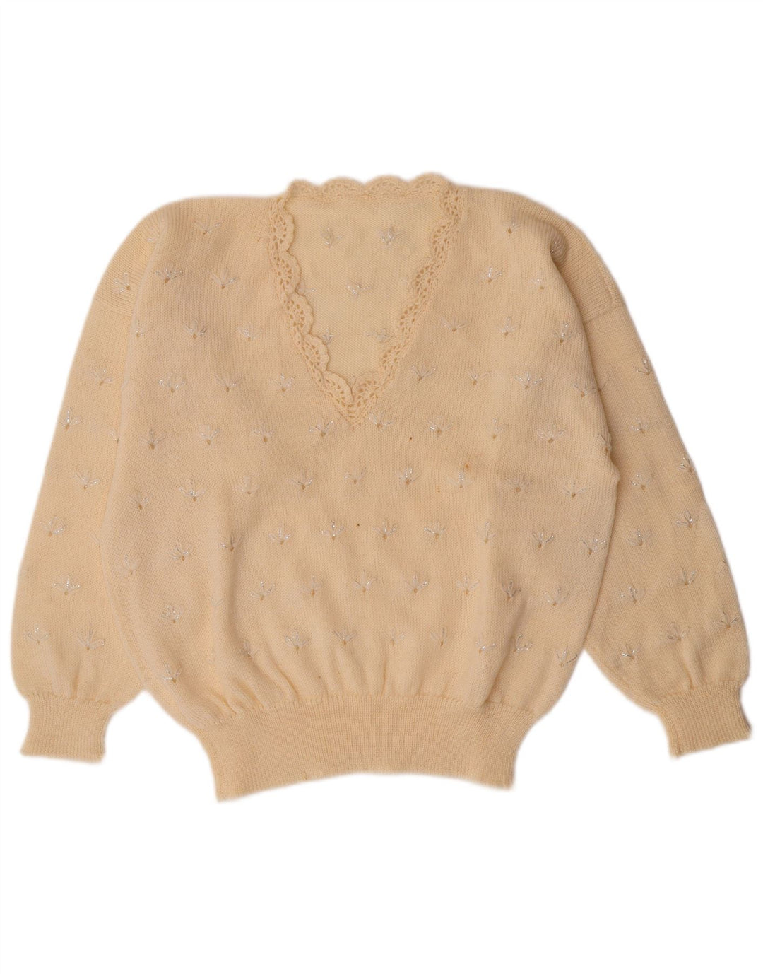 VINTAGE Womens V-Neck Jumper Sweater UK 14 Medium Off White Floral