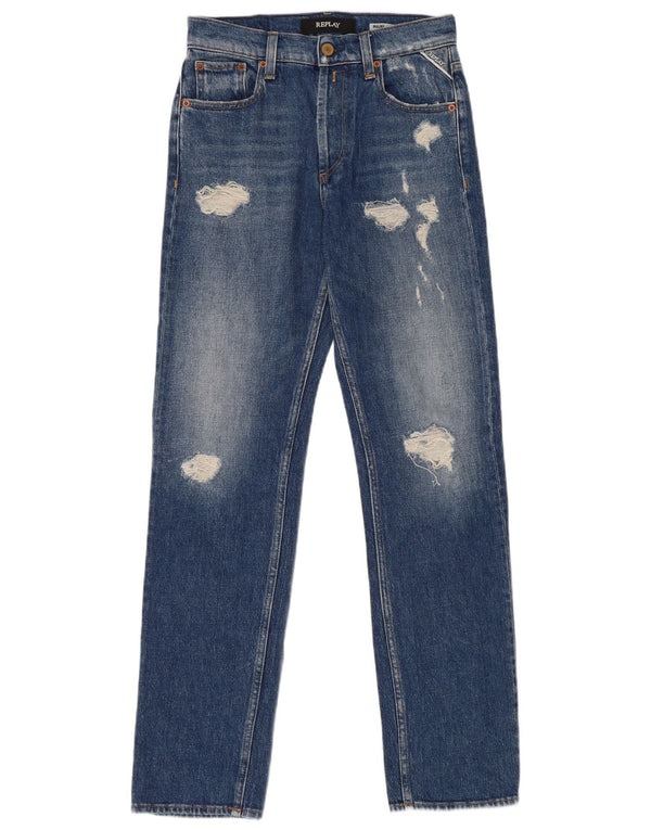 Replay Womens Distressed Straight Jeans W25 L30 Blue Cotton