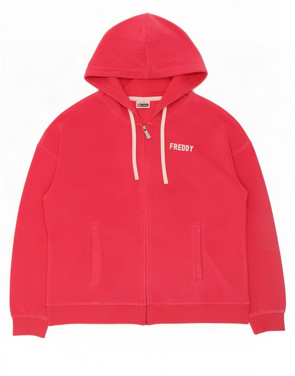 Freddy Womens Graphic Velvet Zip Hoodie Sweater UK 14 Large Pink Cotton
