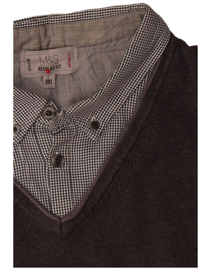 Marks & Spencer Mens Regular Fit V-Neck Jumper Sweater 2XL Brown Cotton