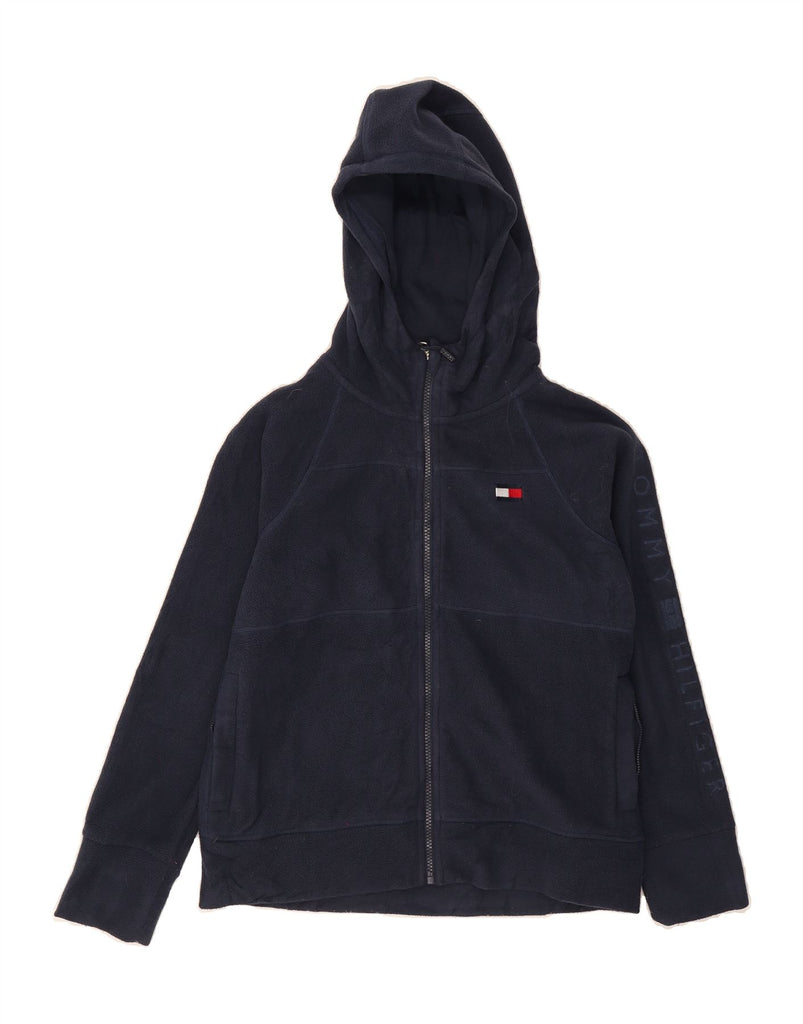 TOMMY HILFIGER Mens Graphic Hooded Fleece Jacket UK 36 Small Navy Blue Vintage Tommy Hilfiger and Second-Hand Tommy Hilfiger from Messina Hembry 