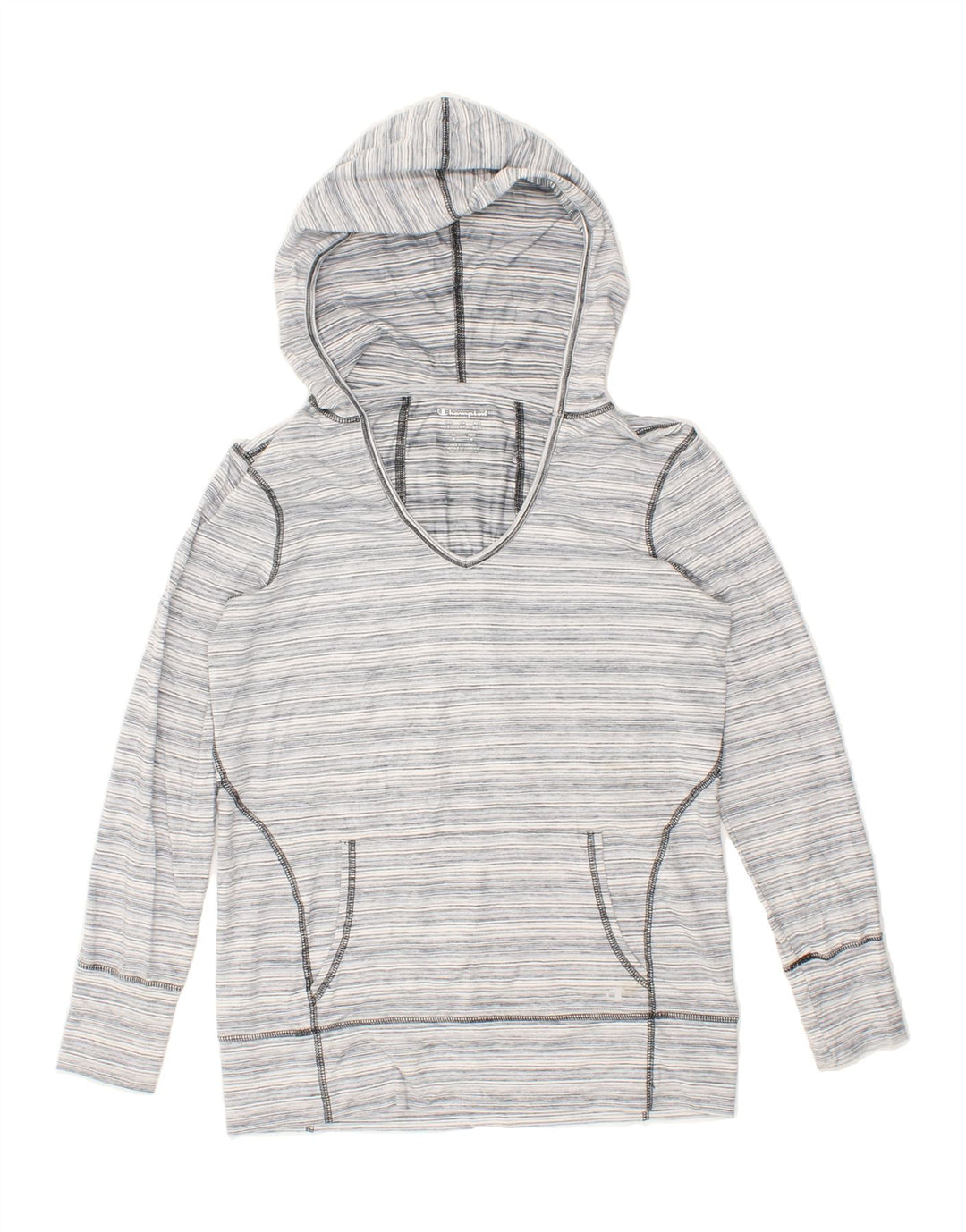 CHAMPION Womens Hoodie Jumper UK 14 Medium Grey Striped Polyester Vintage Champion and Second-Hand Champion from Messina Hembry 