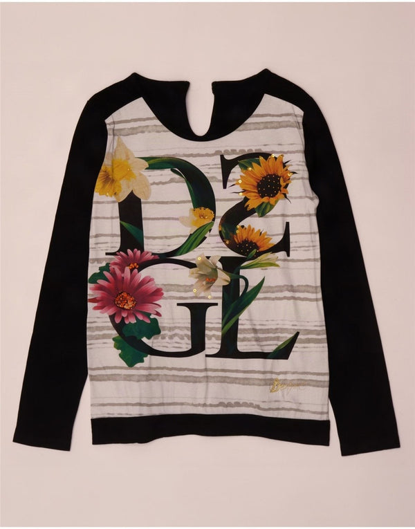 Desigual Womens Graphic Top Long Sleeve UK 14 Large Black Floral Cotton