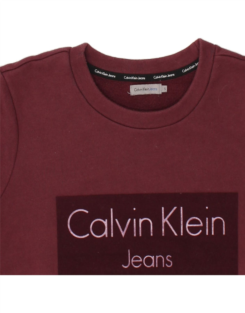 CALVIN KLEIN JEANS Womens Graphic Sweatshirt Jumper UK 10 Small Maroon | Vintage Calvin Klein Jeans | Thrift | Second-Hand Calvin Klein Jeans | Used Clothing | Messina Hembry 