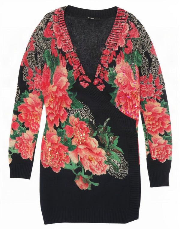 Desigual Womens Longline V-Neck Jumper Sweater UK 12 Medium Black Floral