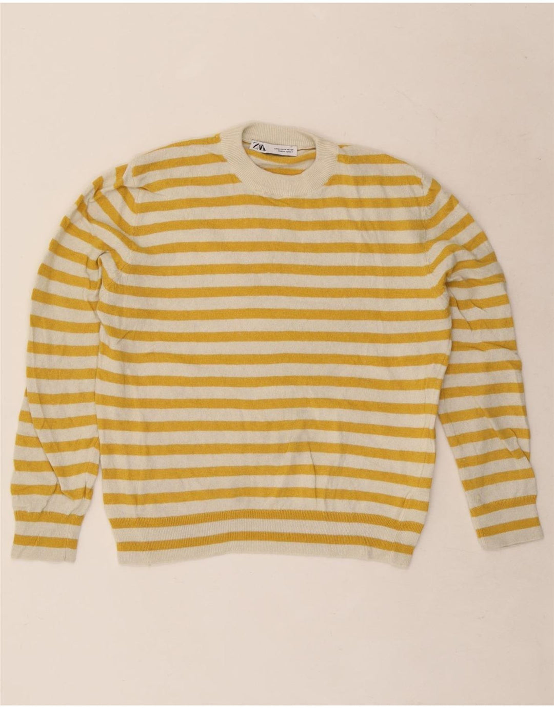 Zara Womens Crew Neck Jumper Sweater UK 14 Medium Yellow Striped Polyamide