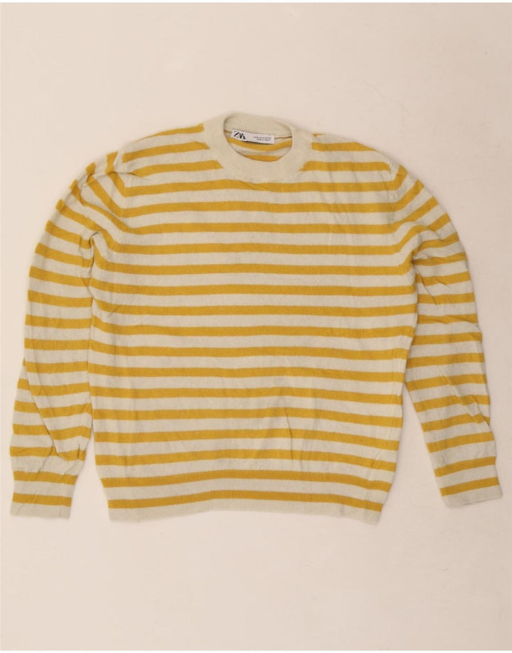 Zara Womens Crew Neck Jumper Sweater UK 14 Medium Yellow Striped Polyamide
