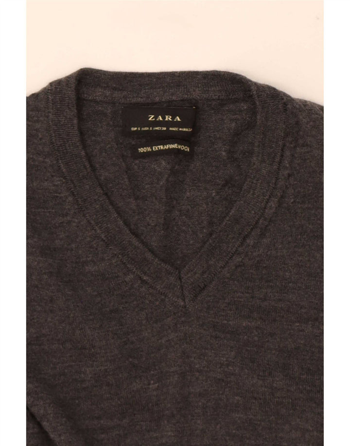 Zara Mens V-Neck Jumper Sweater Small Grey Wool