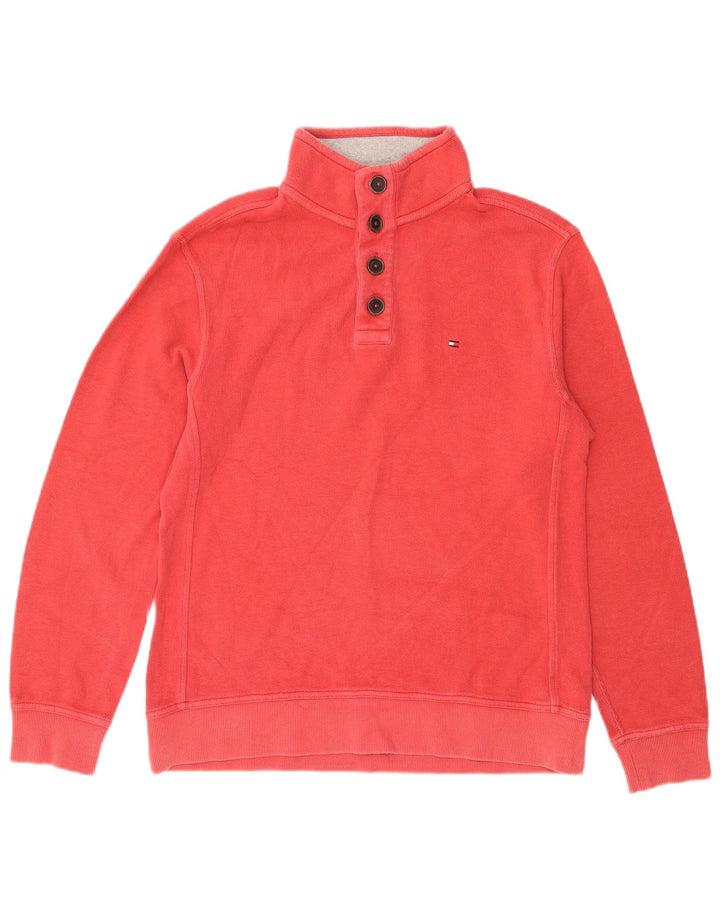 Tommy Hilfiger Mens Button Neck Sweatshirt Jumper Large Red Cotton