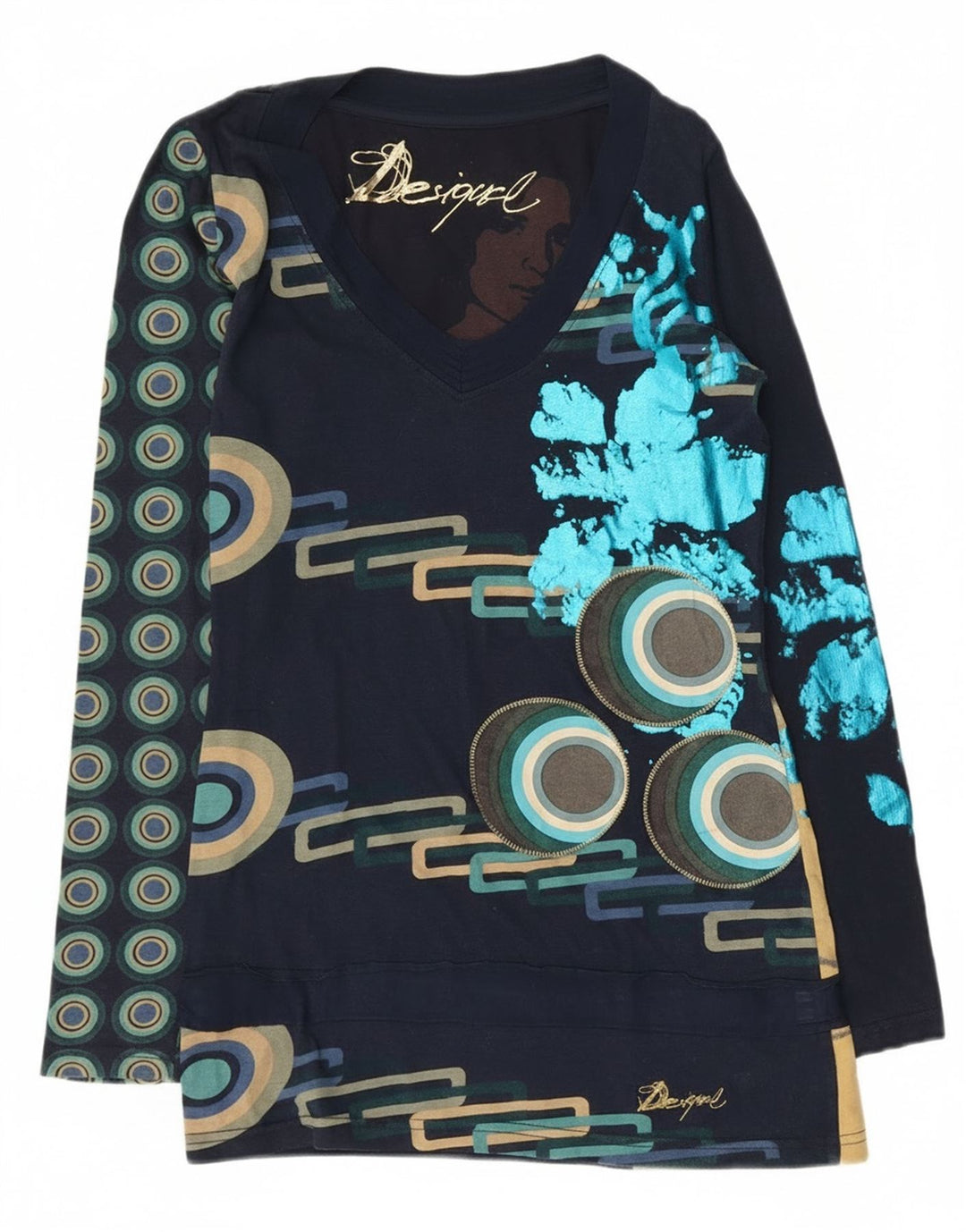 Desigual Womens Graphic Top Long Sleeve UK 10 Small Navy Blue