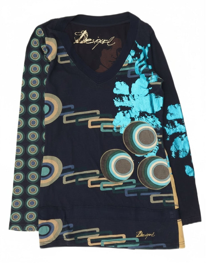 Desigual Womens Graphic Top Long Sleeve UK 10 Small Navy Blue