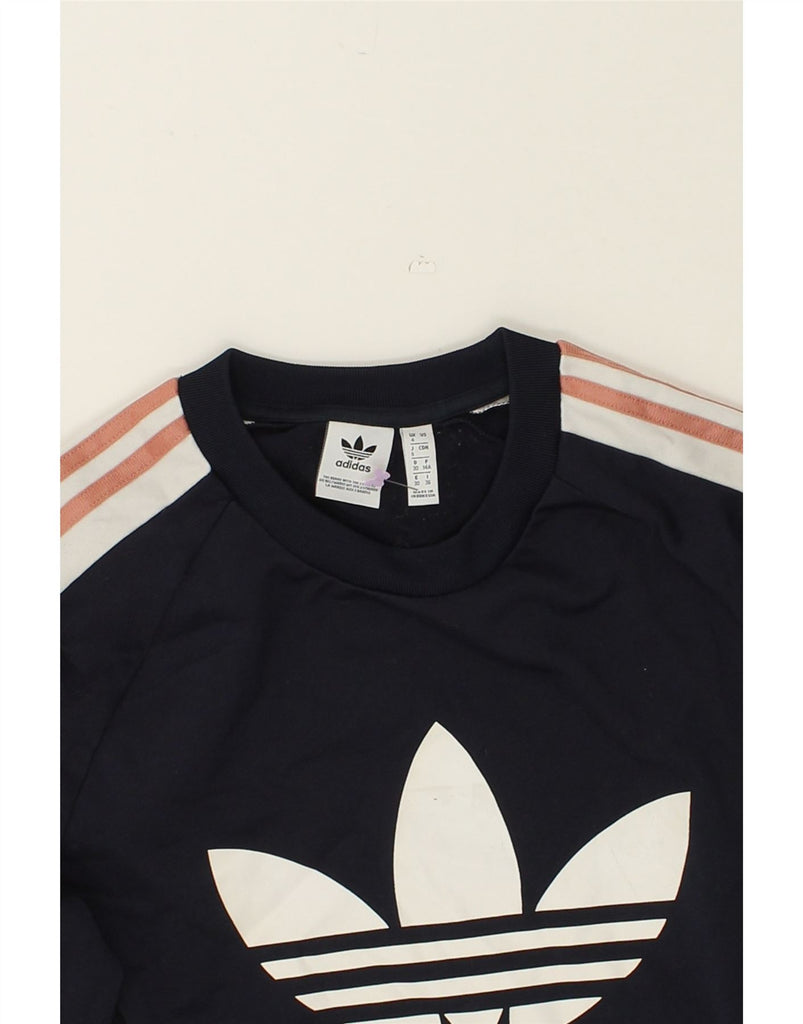 ADIDAS Womens Graphic Sweatshirt Jumper UK 4 XS Navy Blue Polyester | Vintage Adidas | Thrift | Second-Hand Adidas | Used Clothing | Messina Hembry 