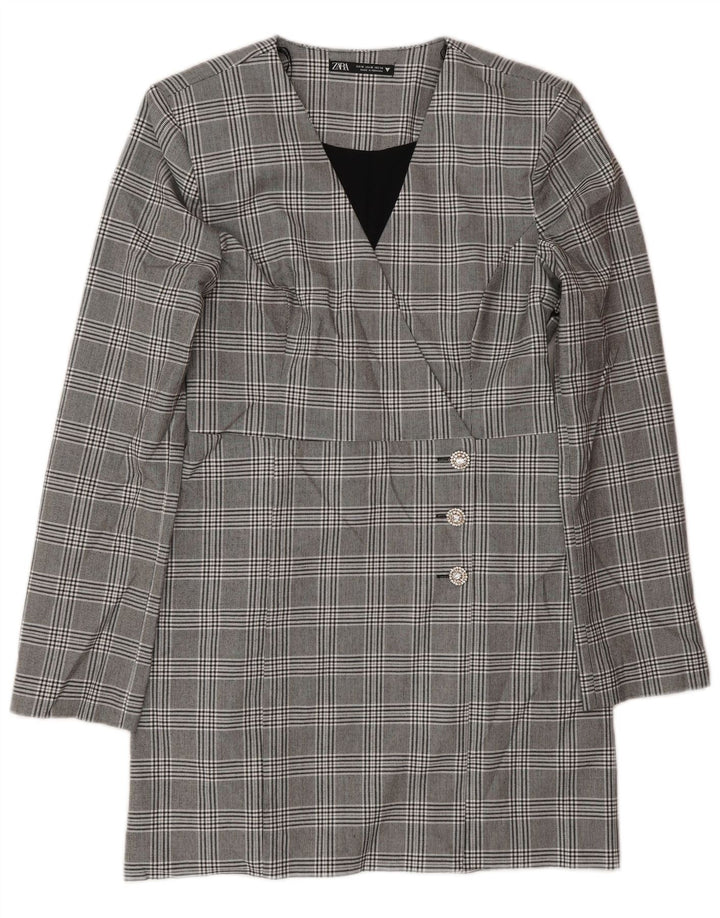 Zara Womens Long Sleeve Shift Dress UK 12 Medium Grey Check Polyester