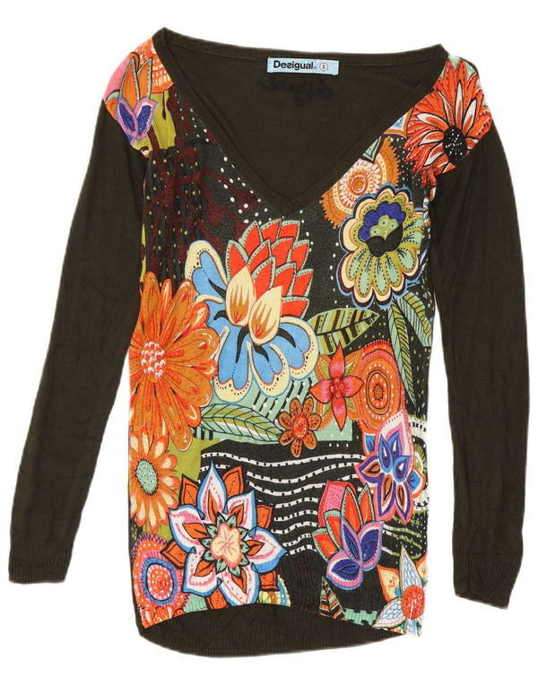 Desigual Womens Longline V-Neck Jumper Sweater UK 10 Small Green Floral