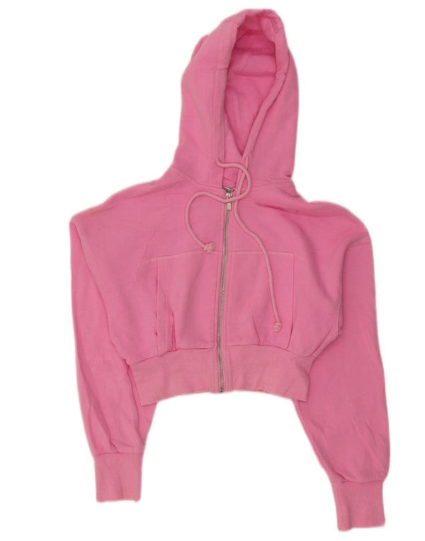 Zara Womens Crop Zip Hoodie Sweater UK 10 Small Pink Cotton