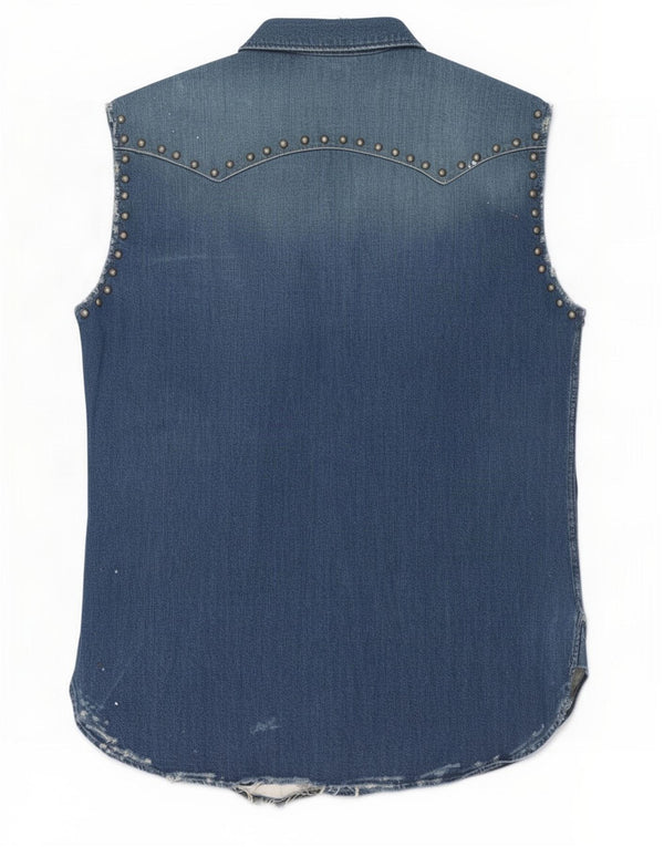 Franklin Marshall Mens Slim Fit Distressed Sleeveless Denim Shirt XL Blue