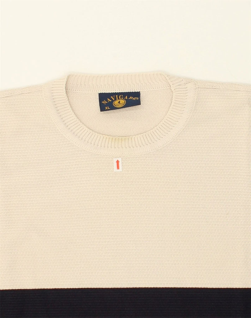 NAVIGARE Mens Crew Neck Jumper Sweater XL Beige Colourblock Cotton | Vintage Navigare | Thrift | Second-Hand Navigare | Used Clothing | Messina Hembry 