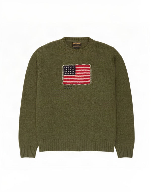Woolrich Womens Graphic Crew Neck Jumper Sweater UK 16 Large Green Wool