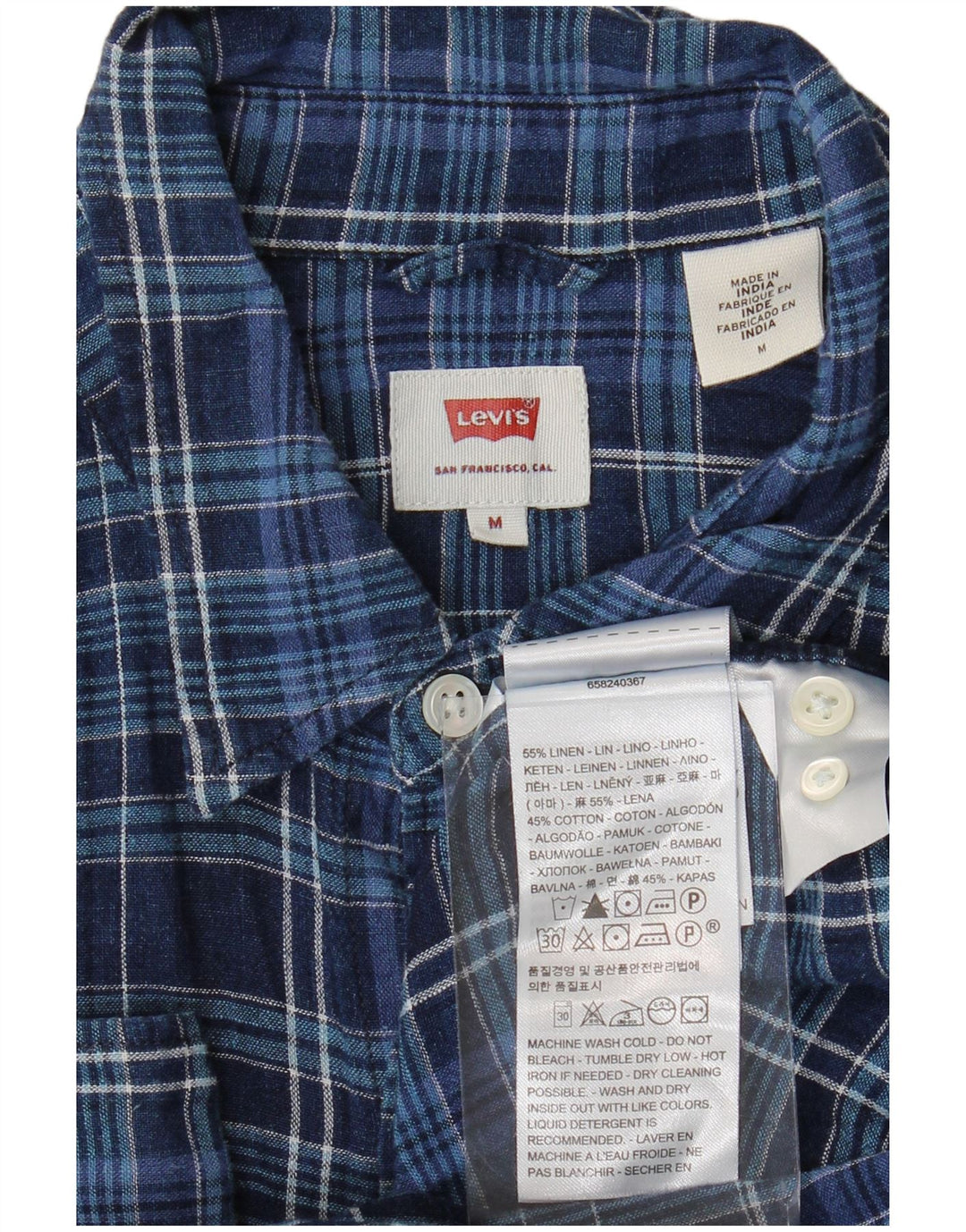 LEVI'S Mens Shirt Medium Navy Blue Check Linen