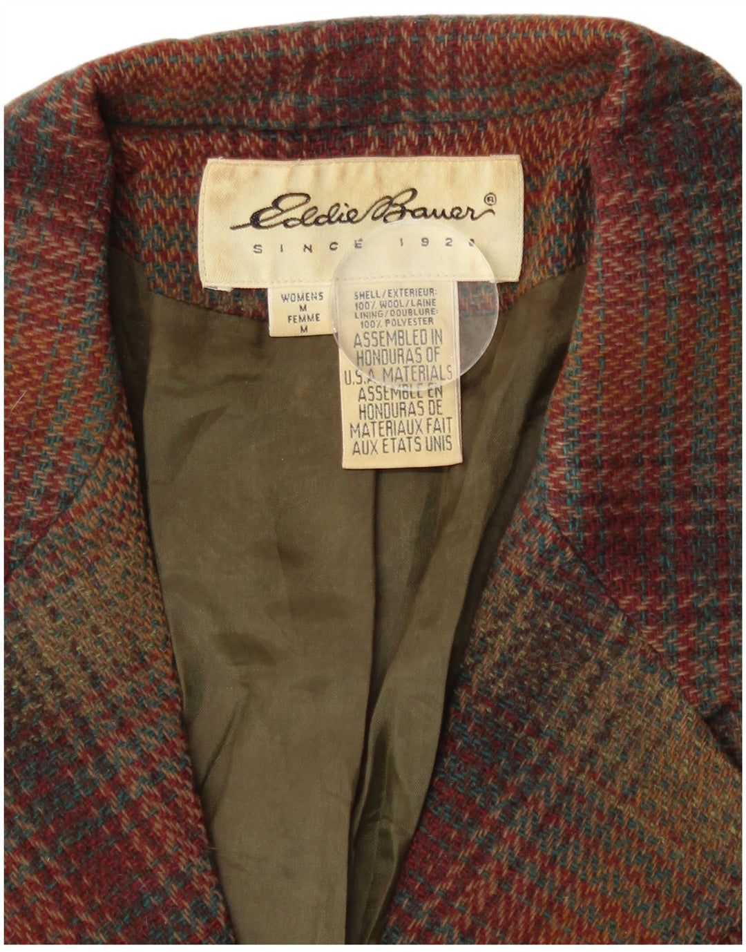Eddie Bauer Womens 3 Button Blazer Jacket UK 14 Medium Brown Plaid Wool