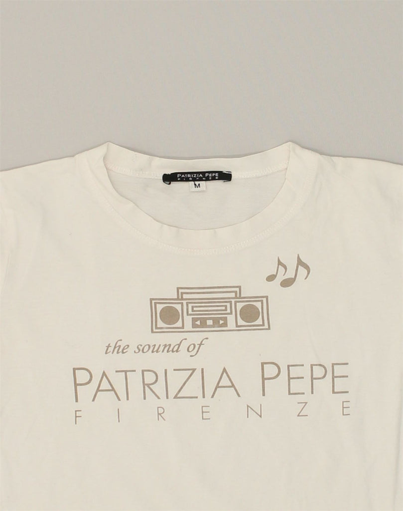 PATRIZIA PEPE Womens Slim Fit Graphic T-Shirt Top UK 12 Medium White | Vintage Patrizia Pepe | Thrift | Second-Hand Patrizia Pepe | Used Clothing | Messina Hembry 