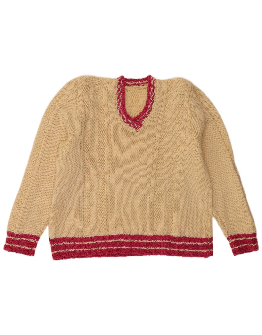 Vintage Womens V-Neck Jumper Sweater UK 12 Medium Beige Striped