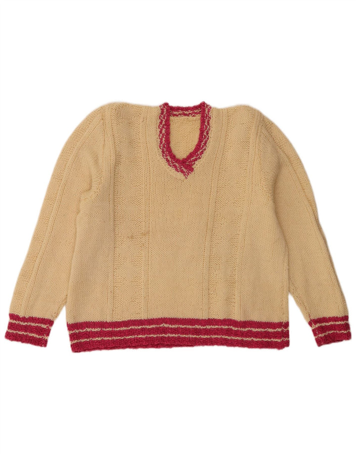 Vintage Womens V-Neck Jumper Sweater UK 12 Medium Beige Striped