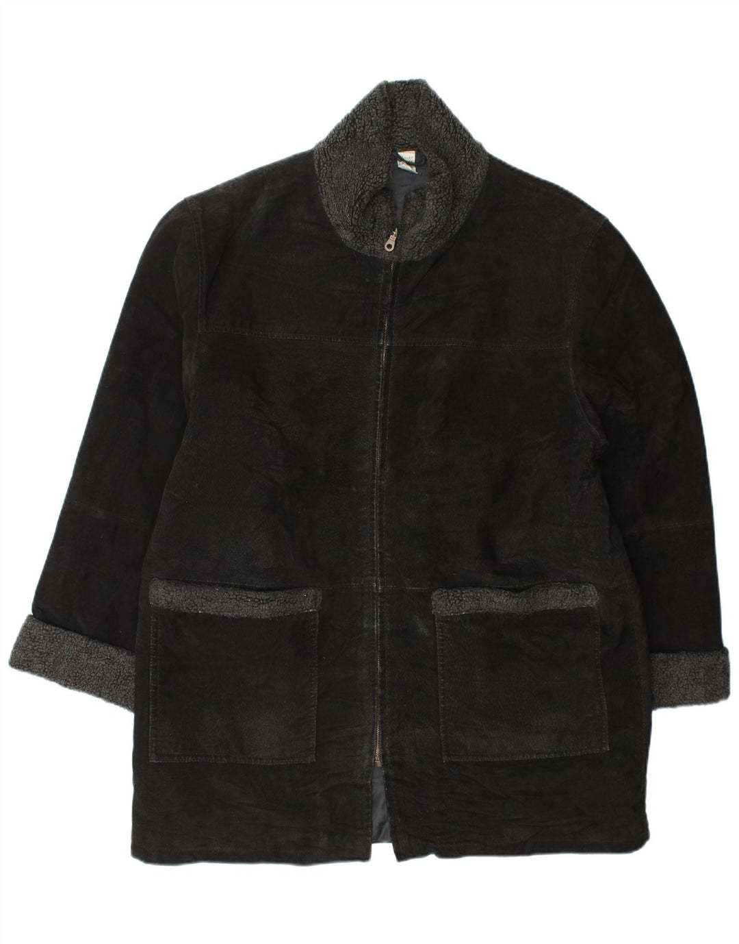 VINTAGE Womens Suede Overcoat UK 18 XL Black Leather