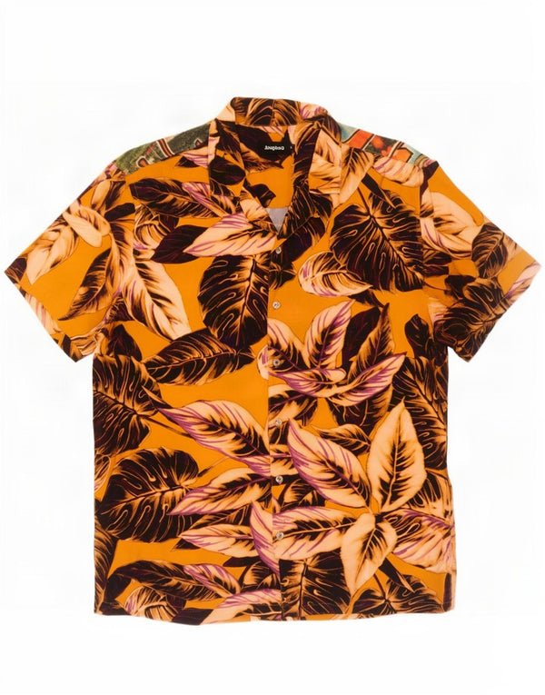 Desigual Mens Short Sleeve Shirt Large Yellow Floral Viscose Hawaiian