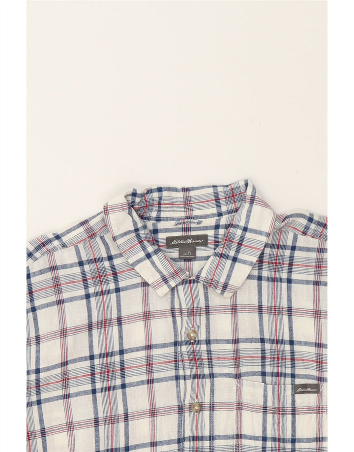 EDDIE BAUER Mens Short Sleeve Shirt Large White Check Linen Vintage Eddie Bauer and Second-Hand Eddie Bauer from Messina Hembry 