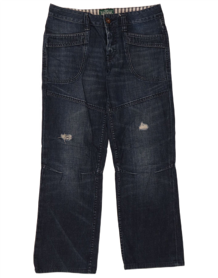 SUPERDRY Womens Distressed Straight Jeans W28 L28 Navy Blue Cotton