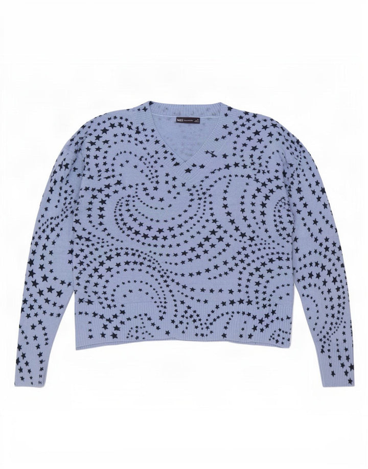 Marks & Spencer Womens Abstract Pattern V-Neck Jumper Sweater UK 20 2XL Blu