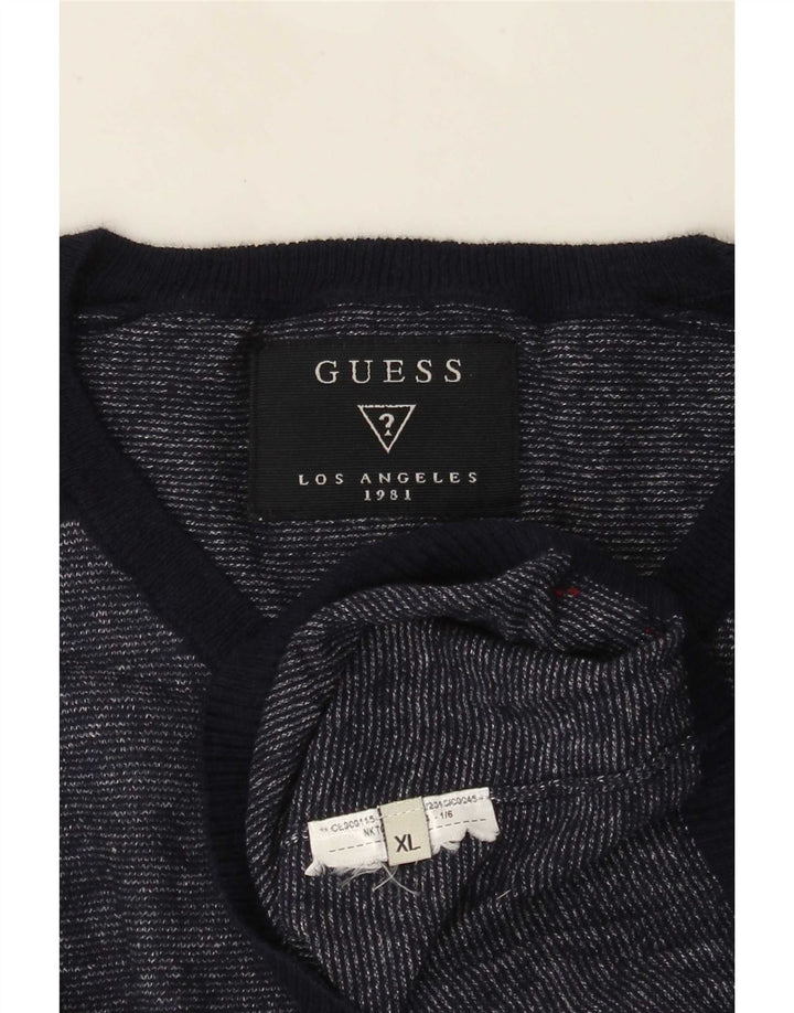 Guess Mens V-Neck Jumper Sweater XL Navy Blue Flecked