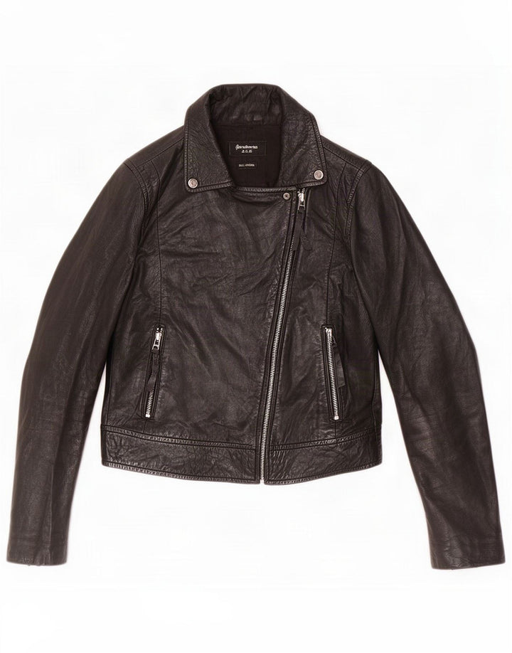 Stradivarius Womens Crop Leather Biker Jacket UK 12 Medium Black